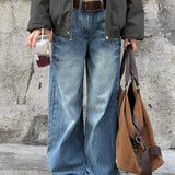 Vintage Rivet Low-Rise Straight Jeans Babes High Street Niche Design Couple Make Old Fried Street Trousers
