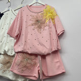 Fashion Set European Dress Design Butterfly Set Drill Short Sleeve T-Shirt Blouse Woman + Tight Waist Broad Leg Shorts Two Sets