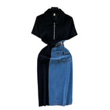 Chic Port Style Retro Denim Dress Girl Design Bump Color Splicing In The Long Short-Sleeved Temperamental Dress
