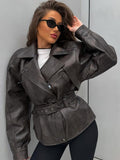 Autumn/Winter 2025 Explosion Long-Sleeved Collar With Short Locomotive Jacket Leather Coat Woman