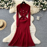 Small Fragrant Elegant Collar Long Sleeve Metal Buckle Waist Knitted Dress Autumn Thin Long Dress