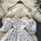2025 Spring And Summer Sweet Shoulder Slings Bubble Short Sleeve Cherry Print Waist Dress Women's Wooden Ear Short Skirt