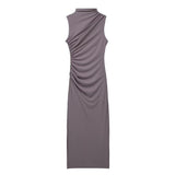 Women's Clothing 2025 Spring New Sleeveless Wrinkles Decorated Semi-High Collar Net Fan Flute Dress