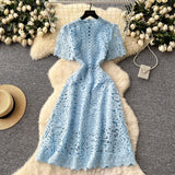 High-End Squeer Hook Lace Dress Female French Waist Thin Temperament Short-Sleeved Long Dress 2025 Summer
