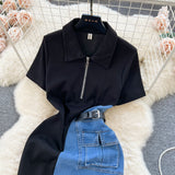 Chic Port Style Retro Denim Dress Girl Design Bump Color Splicing In The Long Short-Sleeved Temperamental Dress