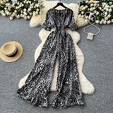 Summer Dress Holiday Wear Chic Light Leisure V Collar Short Sleeves Tight Waist High Waist Thin Leg Print Jump Trousers