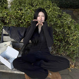 Korean Retro Black Hooded Long-Sleeved Knitted Shirt Micro-Sleeves Friserie Women Autumn And Winter Slimming Two Sets