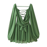 2025 Summer Out-The-Shoulder Lantern Long-Sleeved V-Neck Dress Sexy Showy Multi-Colored Skirt Woman