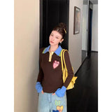 Curry Color Bumping Fake Two-Pin Knitted Shirt Girl Autumn Winter Winter Slim Slim Soft Harden Bottom Shirt Top