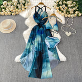 Holiday Style Temperament Tie V-Neck Hanging Neck Dress Women's Summer Waist Irregular Dress With Swimsuits Three