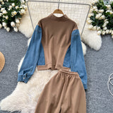 Fashion Suit Women's Port Wind Casual Colliding Color Splicing Collar Zipper Fake Two-Piece High-Waisted Cowboy Broad Leg Trousers