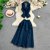 French Age-Down Suit Women's Summer Ripe Wind Folded Back Cowboy Top + High Waist Thin Half
