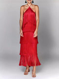 GY25044 Fashion Hanging Neck Solu Back Open Dress