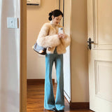 Lazy Wind Blue High-Rise Horn Jeans Women 2025 Autumn And Winter Hottie Slim Slim Taut Long Trousers