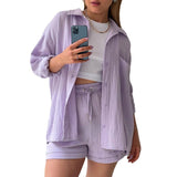 2025 Women's Wrinkle Collar Long-Sleeved Shirt High-Waisted Rope Shorts Fashion Casual Two-Piece Set
