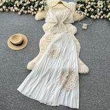 Three-House Folded Two Sets Of Women's Waist Repair Short Sleeve Pressure Folded Blouse Flowers High Waist 100 Folds Skirt