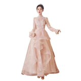 Pink Art Exam Evening Dress Woman 2025 New Long-Sleeved Light Luxury Small Temperament Long Banquet Host Ponpong Skirt