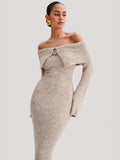 New Women's Elegant Style Fashion Collared Shoulder Dress Knitted Long Dress