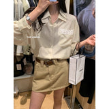 Korean High-End Lace Pocket Design Shirt Women Spring New High-Waisted Work Clothes Half Short Skirt Two-Piece