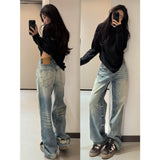 Vintage Blue Hole Wide Leg Jeans Women's Spring 2025 New Design Feeling Loose Straight Trousers
