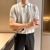 Fashion Summer High-End Short-Sleeved Men's Fashion Brand Striped Collar Ice Silk Knitted Half-Sleeved T-Shirt For Men