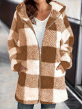 Plush Women's Coat New Wish Long-Sleeved Lattice Hooded Zip-On With Pocket Loose Coat