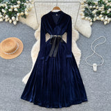French Light Luxury Famous Woman High-End Sense V Collar Long Sleeve Strap To Close The Waist Velvet Dress Women Autumn And Winter Lanky Dress