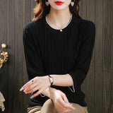 V-Neck Seven-Sleeved T-Shirt Women's Mid-Sleeve Top Ice Knitted Shirt Thin Mother Spring T-Shirt Elegant