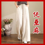 Pure Linen Large-Size Broad Leg Trousers Women's Rope Loose Waist Cotton Spring And Summer Women's Trousers Loose Cotton Thighs Summer