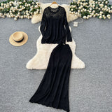Gentle Wind High-End Sleek Crochet Knitting Set Of Women's Round Collar Long Sleeve Blouse High-Waisted Hip Skirt