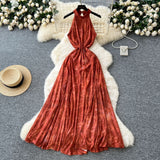 French Retro Style High-End Dye Hanging Neck Sleeveless Dress Women Summer Waist Design Beautiful Swing Dress
