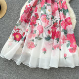 French Elegant Dress Women's Summer Famous High-End Feel Lotle Side V-Neck Waist Thin Print Large Swing Dress