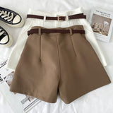 Stylish Pure Color High-Rise Thin Suit Shorts Wide Leg Pants With Belt Woman 2025 Summer