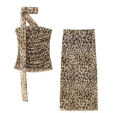 2025 Summer New Breast-Wear Women's Fashion Animal Print Leopard Pattern Net Skirt Suit