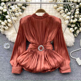High-Level French-Style Waist-Low-Down Shirt Female Careful Machine Strap Design With A Chic Folded Lotus Leaves Hem French Top
