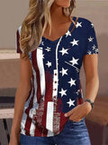 Classic Retro American Flag Rag 3D Printing Ms. High Street Fashion Loose Net Eye Breathable V-Neck Short-Sleeved T-Shirt