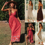 2025 Summer New Large Swing Skirt Women's Bohemian V Tie Sling Broken Floral Dress
