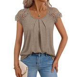 2025 Summer Women's New Women's Lace Sleeve Top Short-Sleeved Round-Neck Loose T-Shirt