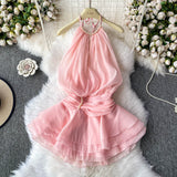 Spring And Summer 2025 New Products Hanging Neck Bare Back Texture Crippling Poneng Dress To Close The Waist Tie Sweet Holiday Wind