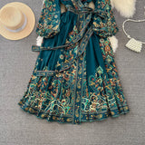 Vintage Court Lantern Long Sleeve V-Neck Belt With A Word Print Dress Elegant Swing Dress Long
