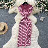 Korean Chic Summer Dress Niche Retro Polo Collar Short-Sleeved Striped Dress Female Waist Temperament Open Long Dress