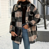 Exploding Women's Autumn And Winter Long Sleeve Double Pocket Lattice Hairy Large Fashion Coat
