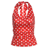 2025 Summer Women's New Hottie Sexy Black Wave Dot Print Spread Out Back V Collar Hanging Neck Tight Vest