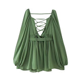2025 Spring Women's Dress Sexy Hottie Skylit Lantern Sleeve V Collared Shoulder Dress