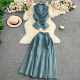 French Age-Down Suit Women's Summer Ripe Wind Folded Back Cowboy Top + High Waist Thin Half