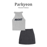 Spice Girl Grey Letters Hanging Neck Suspension Vests Loose Sun T-Shirt Packed Three-Piece Dress
