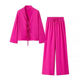 Spring And Summer Women's Solid Color Tie Shirt Broad Leg Trousers Set Casual Two Sets