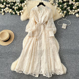 French High-End Women's Dress 2025 Spring Collection Heavy Industry Embroidery V Neck Lantern Sleeve Single Row Buckle Long Skirt