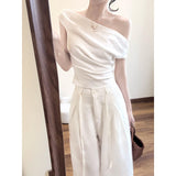 Super Good-Looking Pure Sleeves Short-Sleeved T-Shirt High-Rise Thin Leg Pants Women's Summer Seaside Holiday Wind Leisure Suit