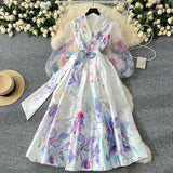 2025 Spring Spring Court Wind Positioning Print Cross V-Neck Tie With Belt Mesh Long Sleeves Spliced Dress